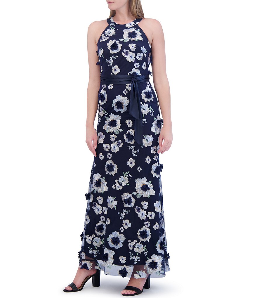 [OPEN YY] LAYERED HALTER NECK JERSEY ドレス★新作・25SS★ Eliza J 3D Floral Embroidered Mesh Fabrication Halter Neck
