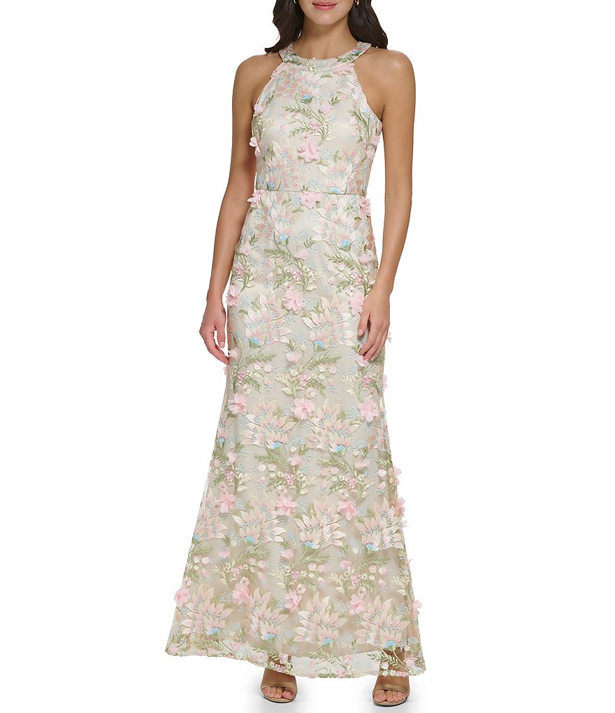 Eliza J 3D Floral Embroidery Halter Neck Sleeveless Sheath Gown 