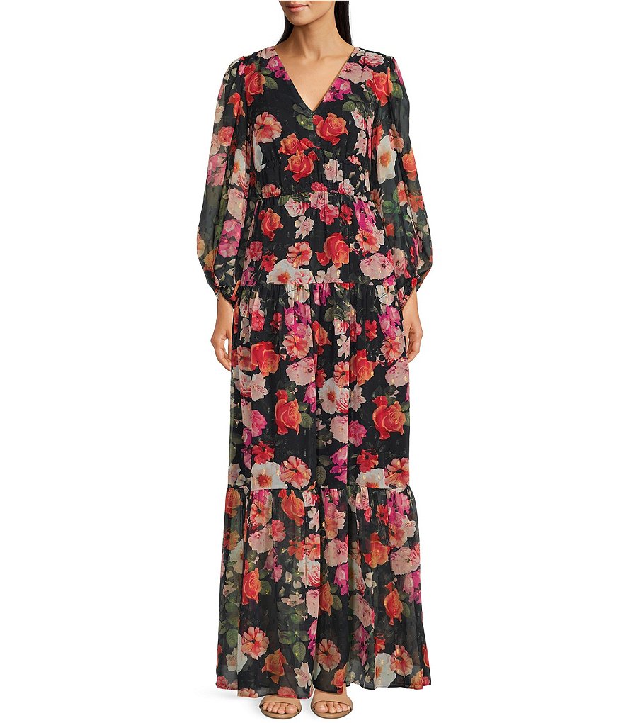 Eliza J Floral Print Chiffon Ruffle V-Neck Long Blouson Sleeve Tie