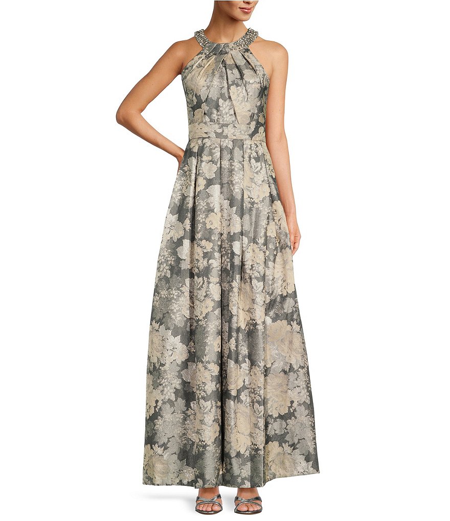 Eliza J Floral Metallic Print Embellished Halter Neck Sleeveless Side