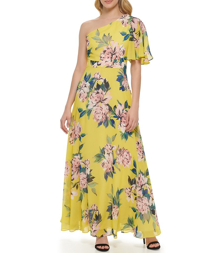 Eliza J Floral Print One Shoulder Short Sleeve Gown | Dillard's