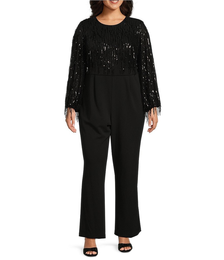 Eliza J Plus Size Crew Neck Long Sleeve Sequin Fringe Jumpsuit | Dillard's