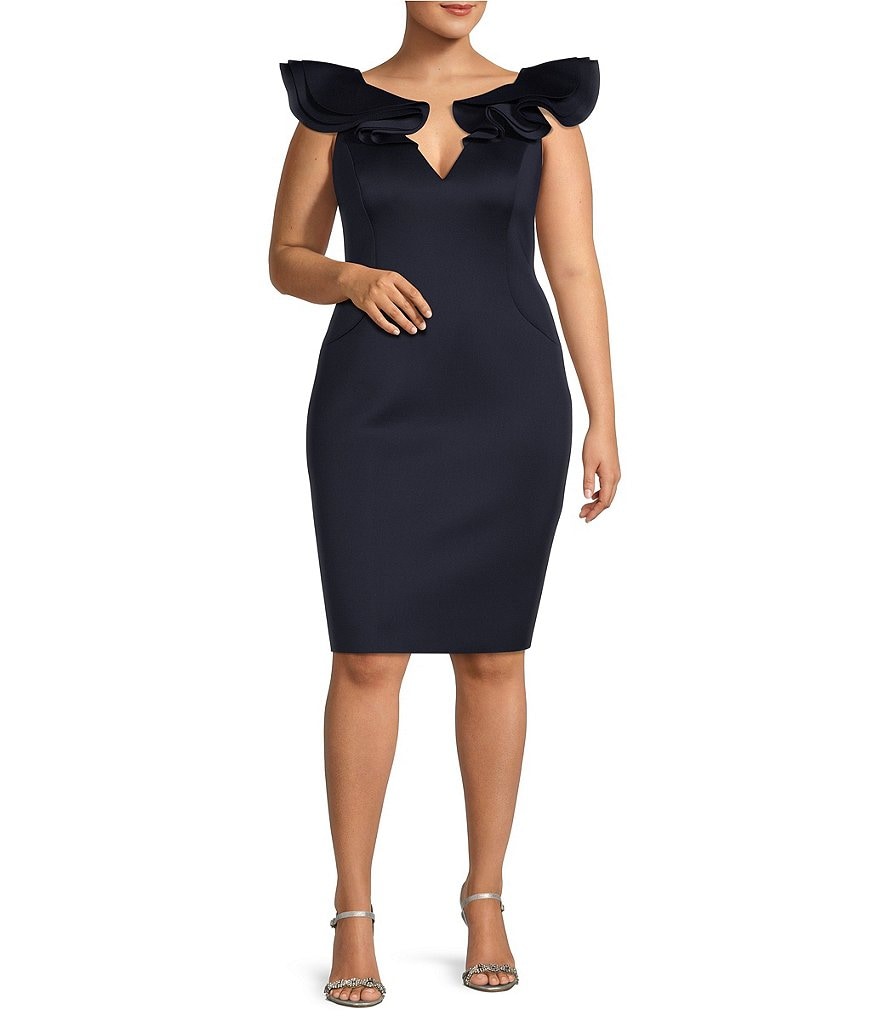 Eliza J Plus Size Scuba V-Neck Ruffle Cap Sleeve Sheath Dress