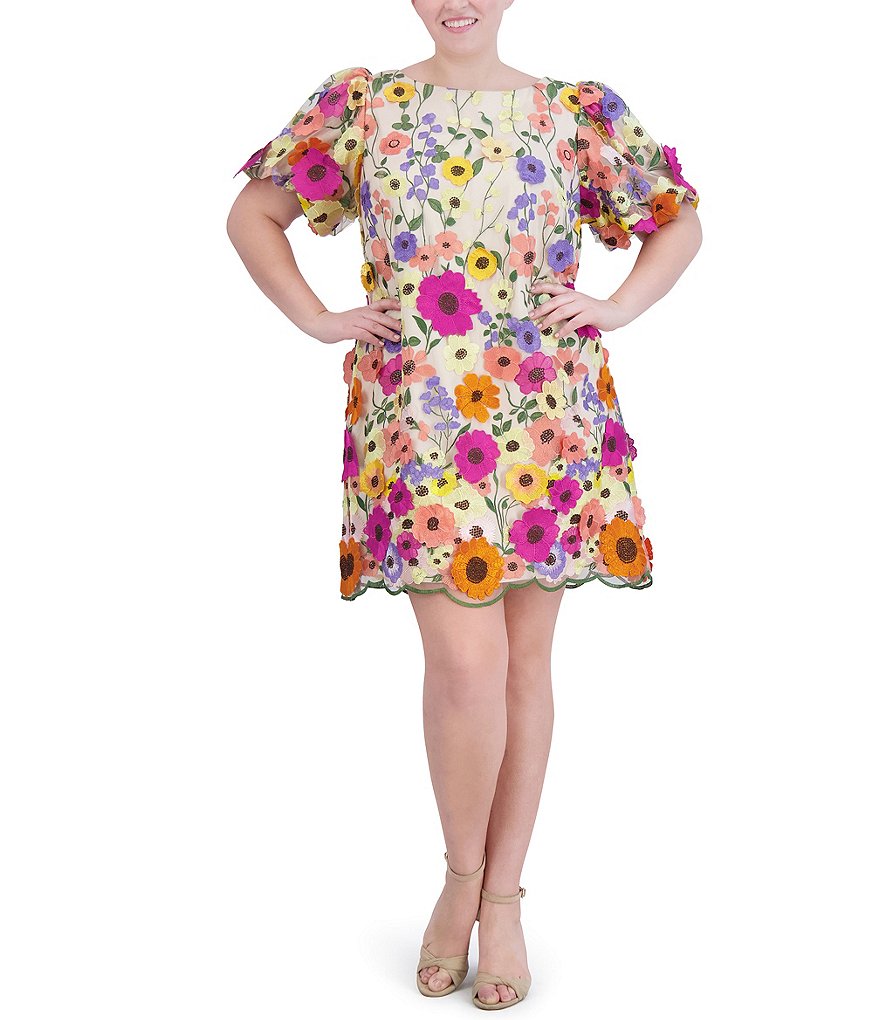 Eliza J Plus Size Short Puff Sleeve Crew Neck 3D Flower Dress Dillard s