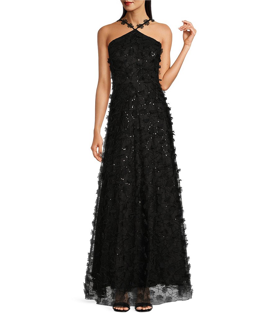 Beaded halter tiered sale chiffon gown eliza j