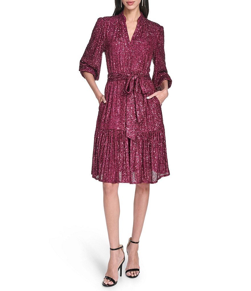 Eliza J Sequin Long Sleeves Belted Short Dress | Dillard's