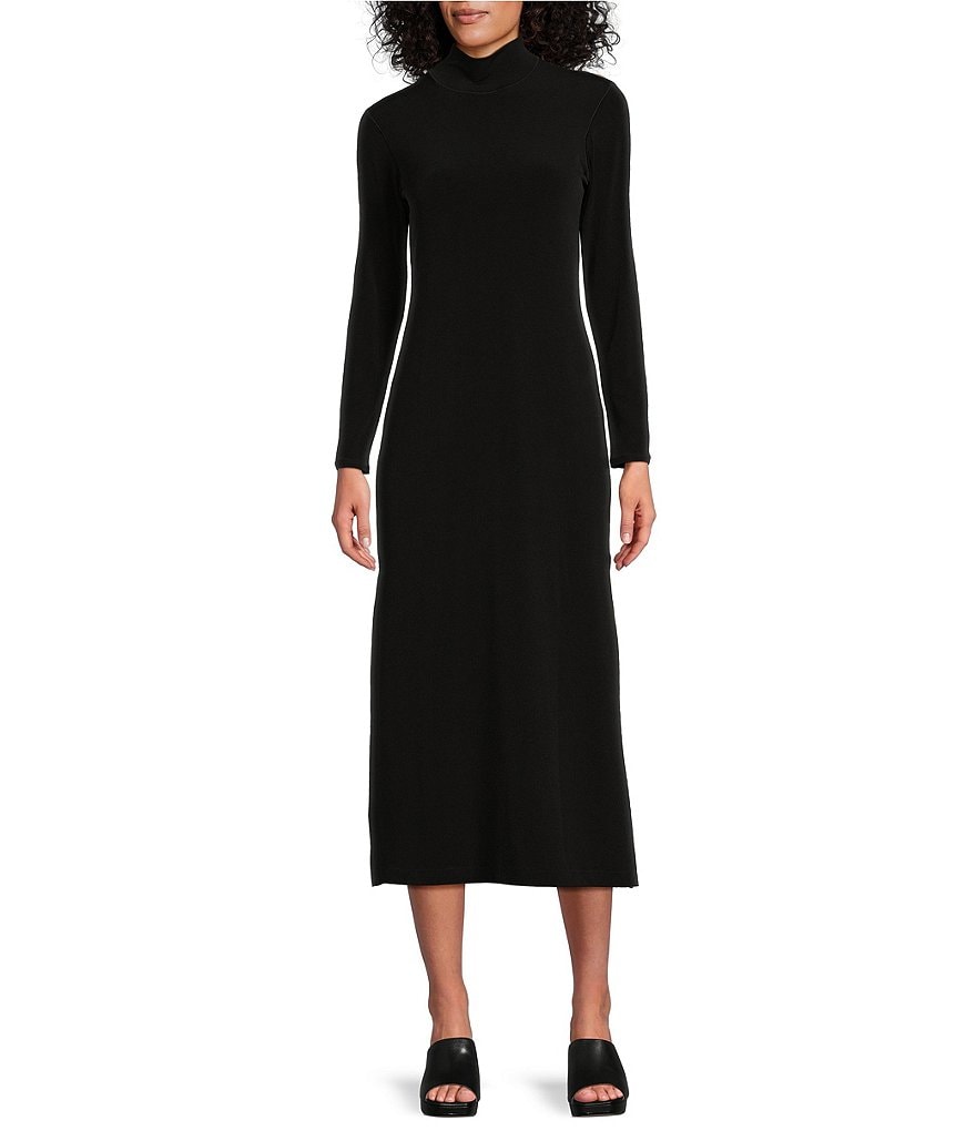 Eva Varro Knit Jersey Mock Neck Long Sleeve Side Slit Midi Sheath Dress ...