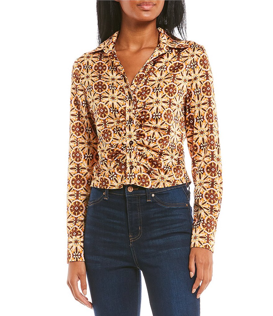 Evolutionary Printed Cinched Button Front Blouse