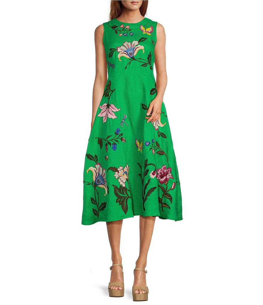 Fanm Mon Gloriosa Floral Embroidered Linen Sleeveless Belted A Line