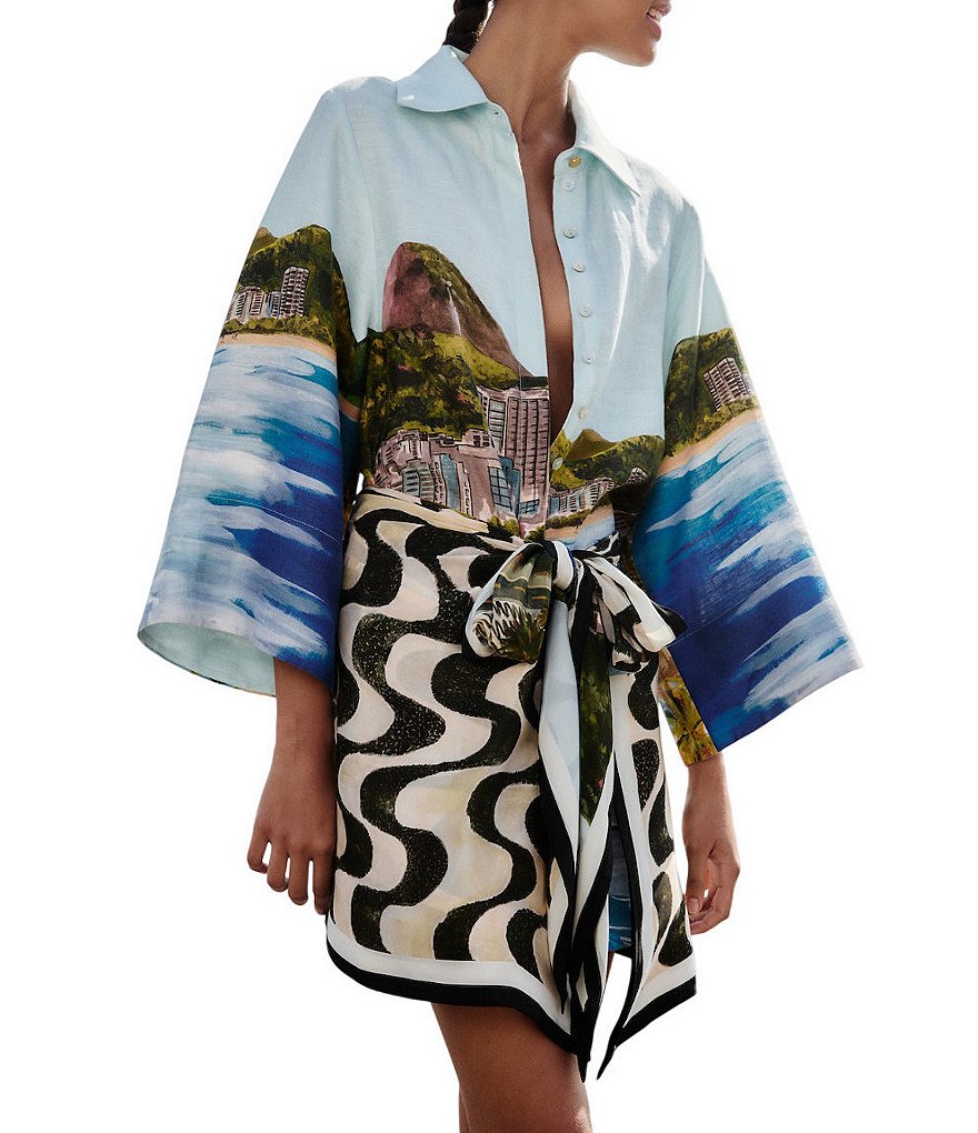 Farm Rio Copacabana Beach Multicolor Collar Neckline Long Sleeve Kimono  Dress | Dillard's