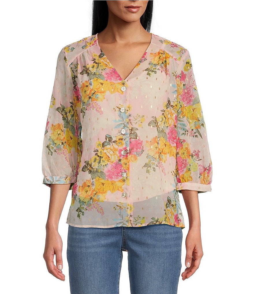 Figueroa & Flower 3/4 Roll Tab Sleeve Embroidered Floral Blouse