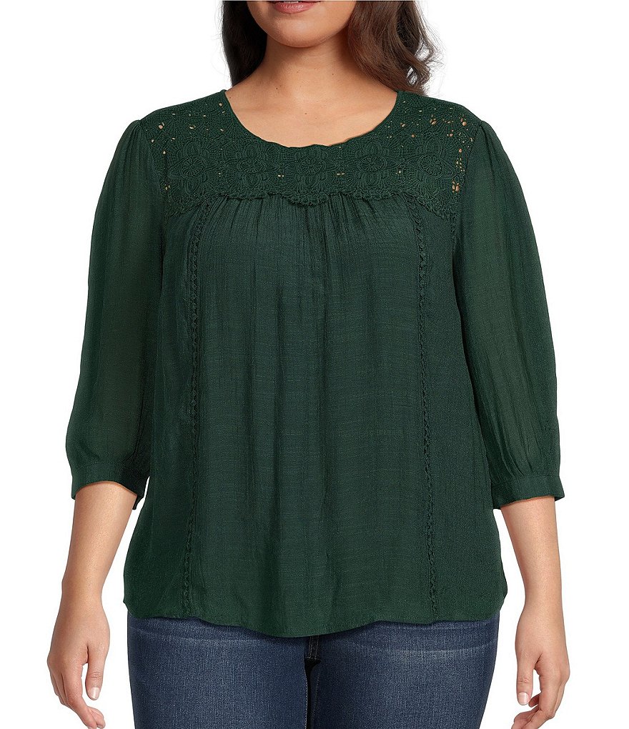 Figueroa & Flower Plus Size Sadie Lace Yoke 3/4 Peasant Sleeve Crew Neck  Popover Blouse