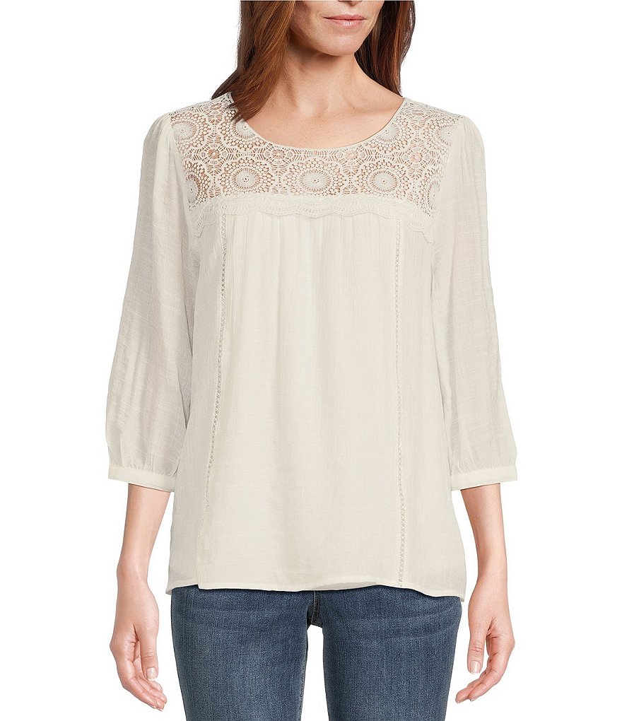 Figueroa & Flower Solid Peasant Lace Yoke 3/4 Sleeve Blouse