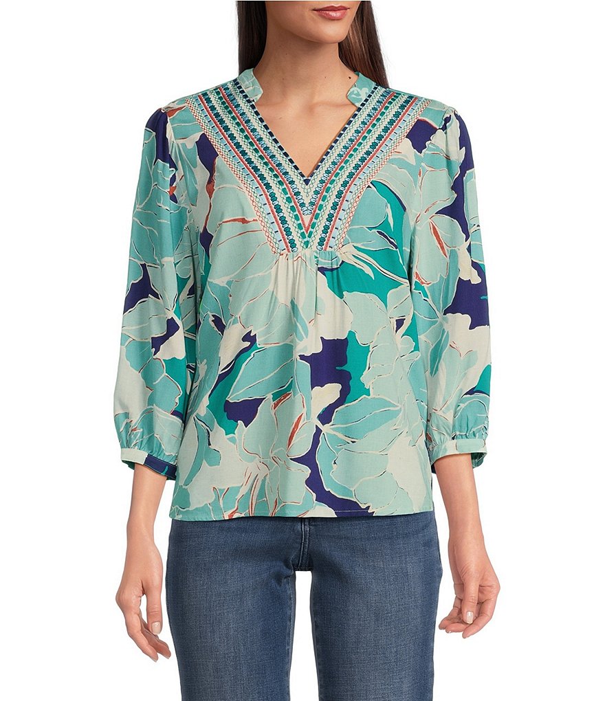 Figueroa & Flower Woven Embroidered Mandarin Collar 3/4