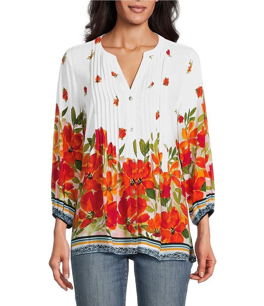 Figueroa & Flower Woven Floral Border Print Mandarin Collar