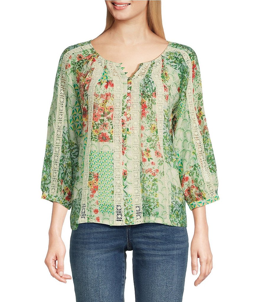 Figueroa & Flower Woven Printed Lace Detail Scoop Neck Long