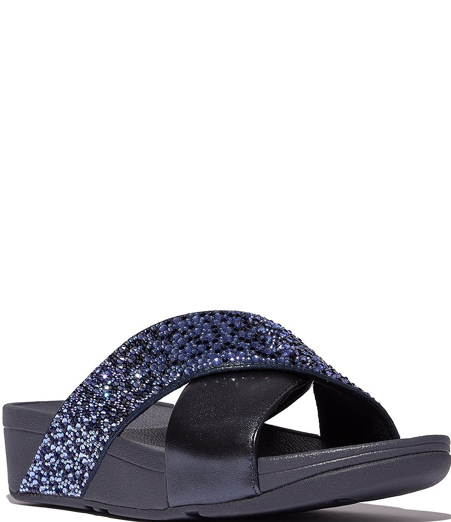 Fitflop Lulu Crystal-Mix Metallic Cross Wedge Slides | Dillard's