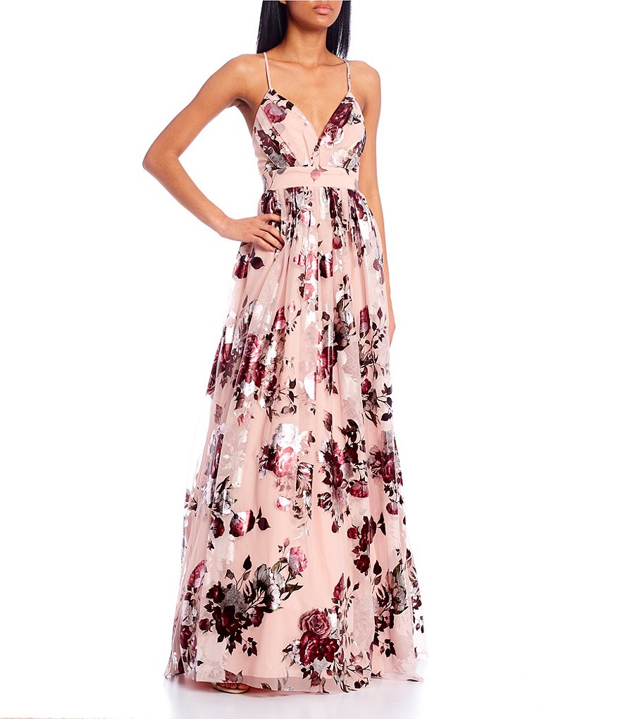 Metallic Floral Print Cross Back Strap Gown | Dillard's