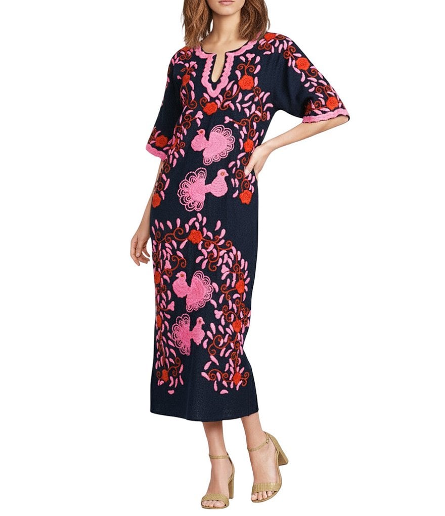 FRANCES VALENTINE Charming Peacock Embroidery Split V-Neck 3/4