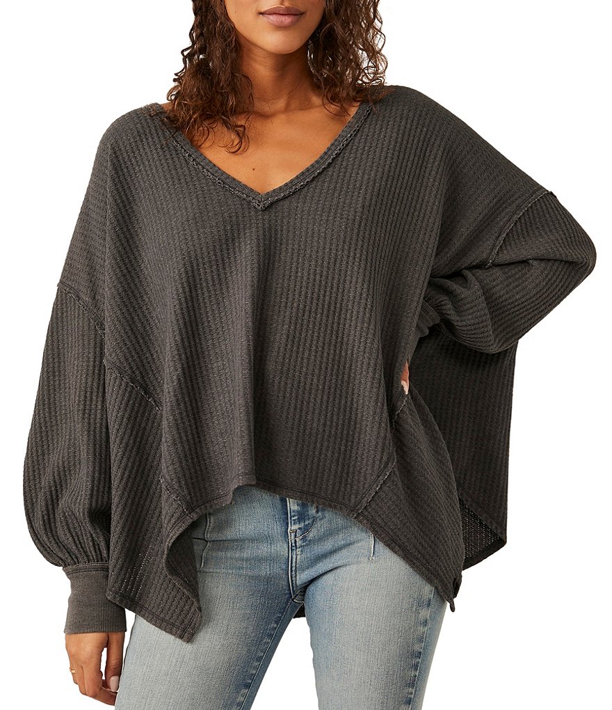 Free People, Grey North Shore Thermal Oversized 2024 Waffle Knit Longline Top, Small