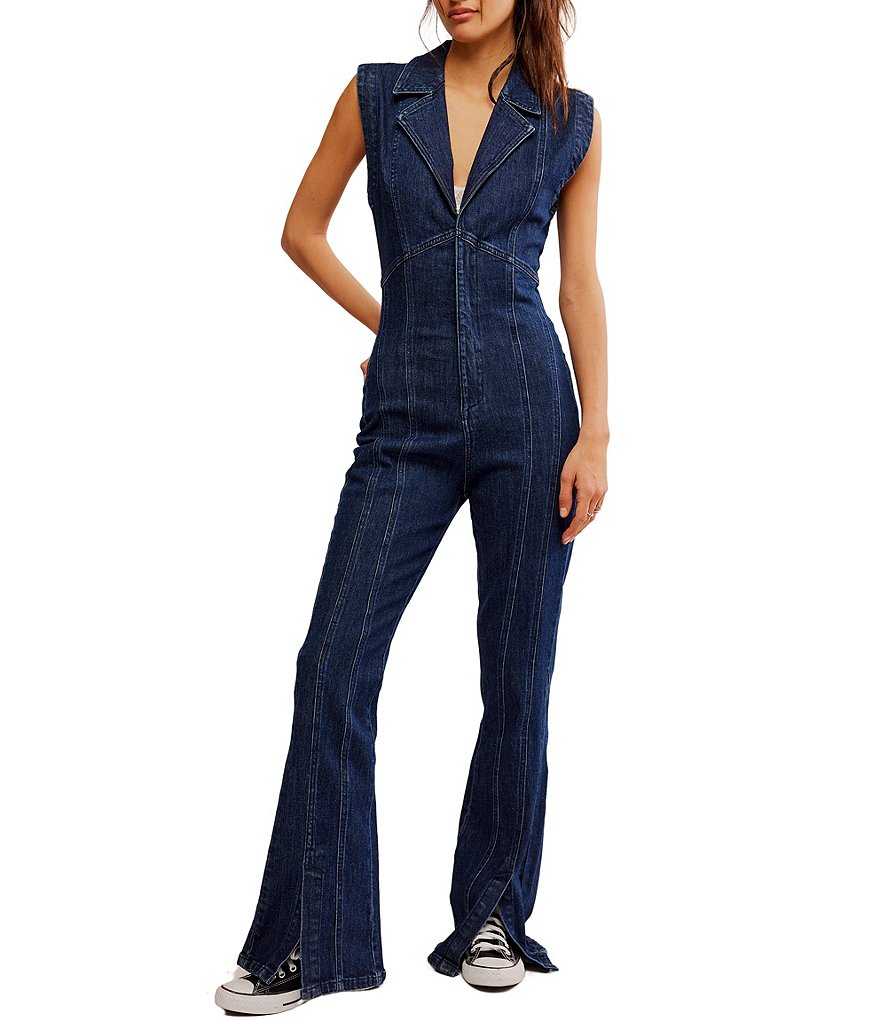 Free People CRVY Ring The Alarm Denim V Neck Sleeveless Zip Front Flare Jumpsuit Dillard s