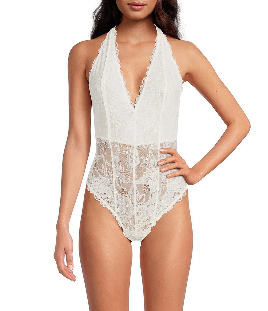 Free People Womens Lace Bodysuit Jumpsuit, White, Small 