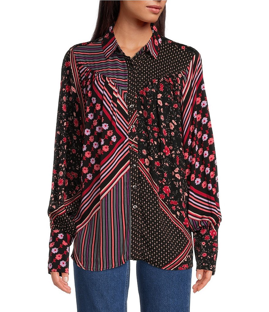 Free People Hazel Patch Print Woven Point Collar Long Sleeve Button ...