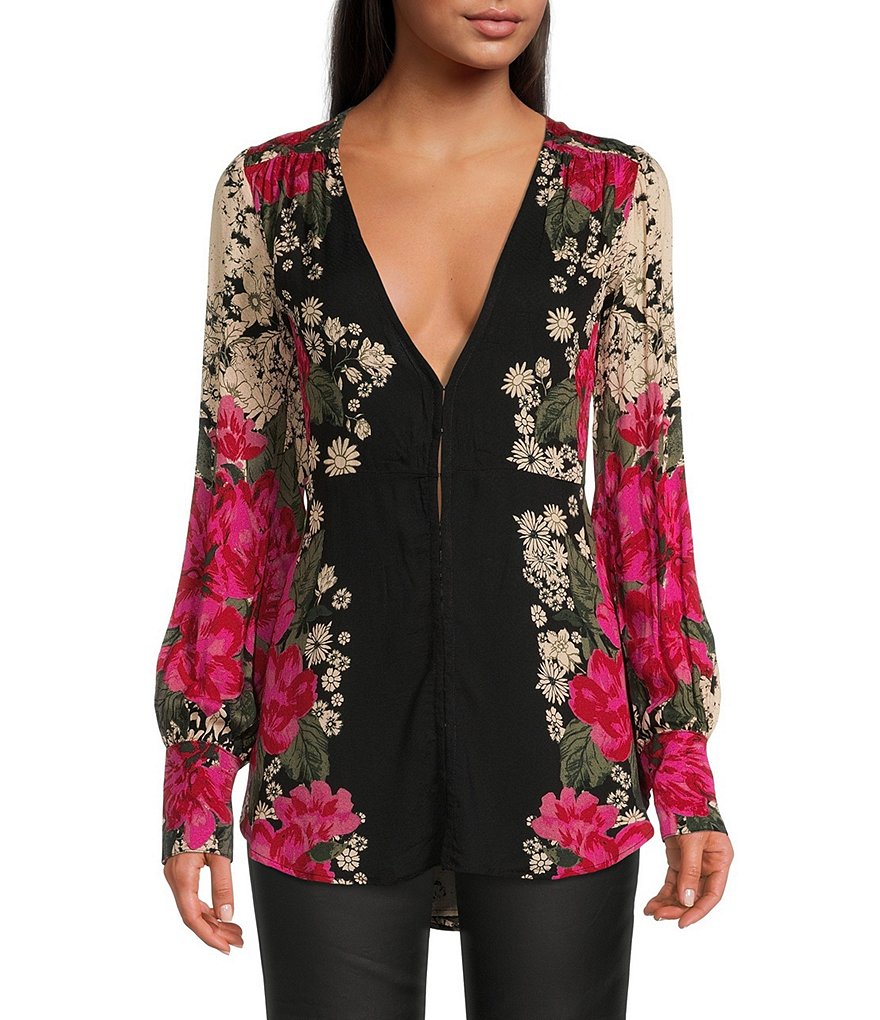 Free People Mikayla Woven Floral Print Plunging V-Neck Long Bishop Sleeve  Tunic