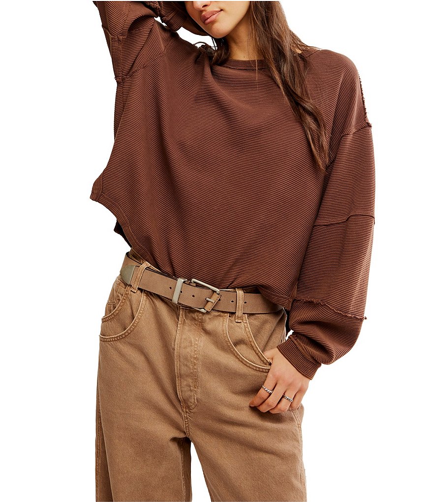 Free People Brown Ruched shops Long Sleeve Jewel Neck Top, NWT