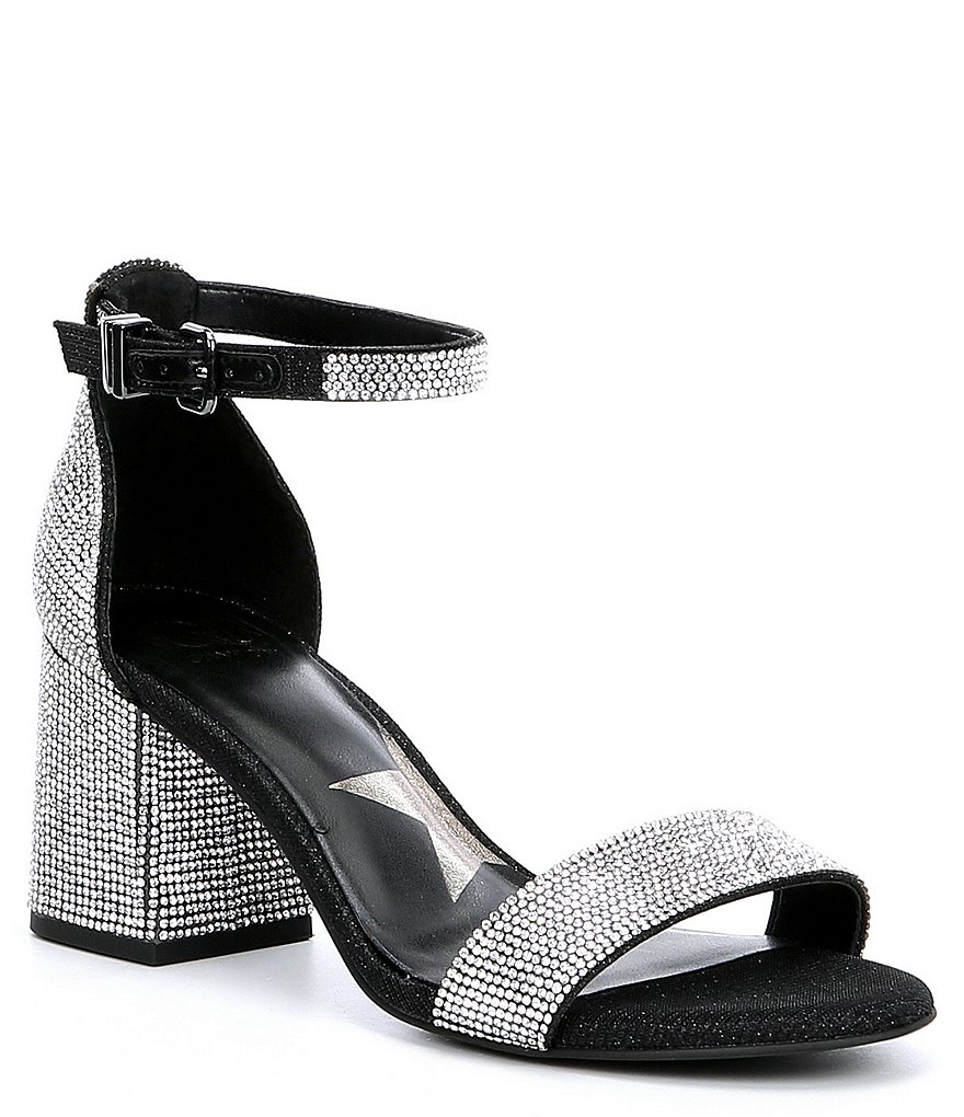 black block heels with rhinestones