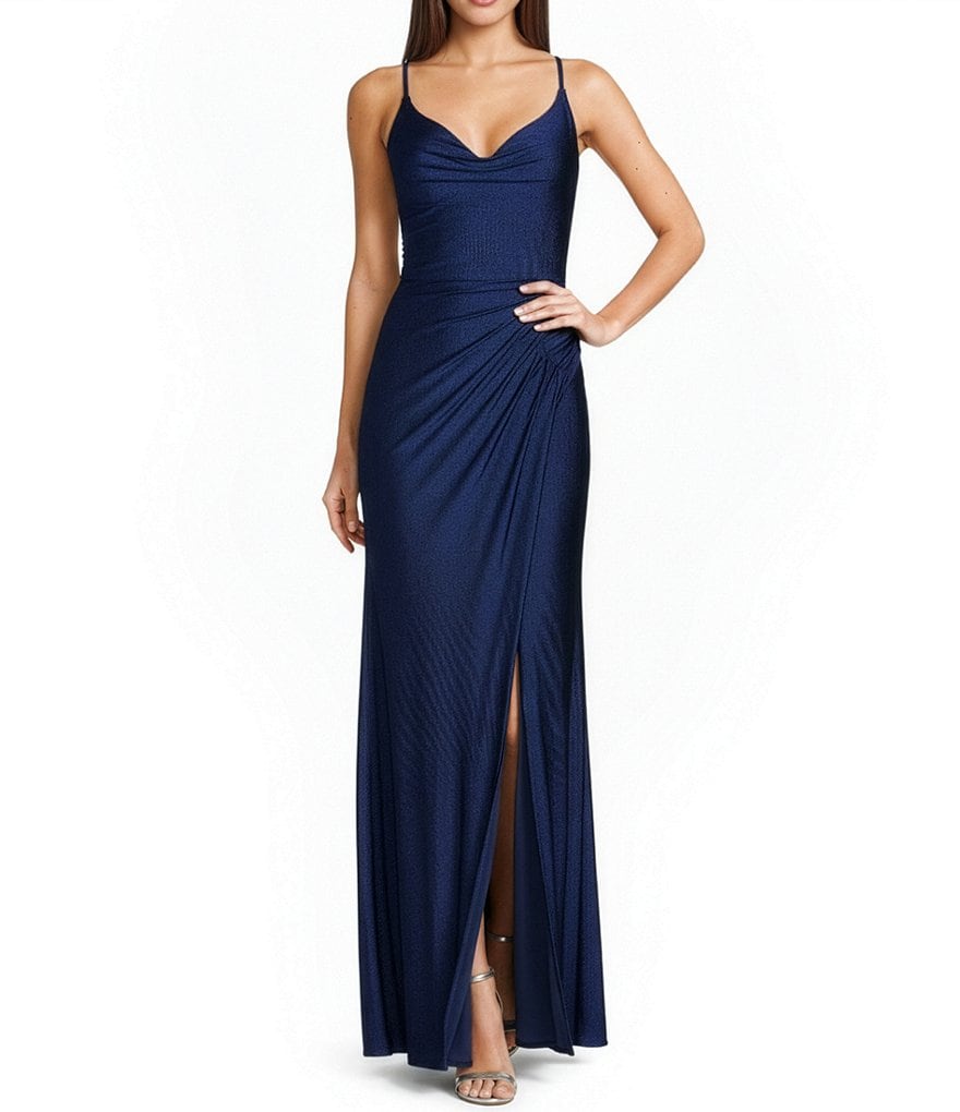 GB Social Jersey Ruched Lace-Up Back Long Prom Dress, Womens, 13, Midnight - Dillard's Exclusive