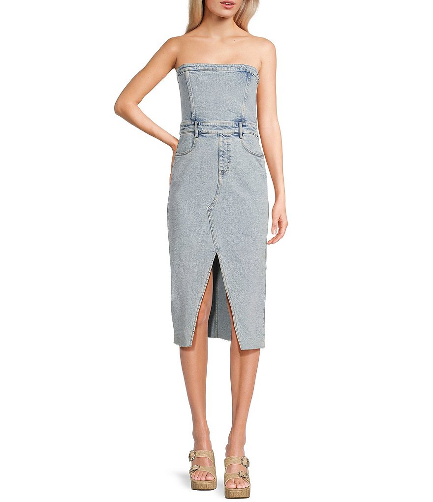 white christmas dresses The Jean Dress: Strapless Ruffle Denim Dress– MomQueenBoutique