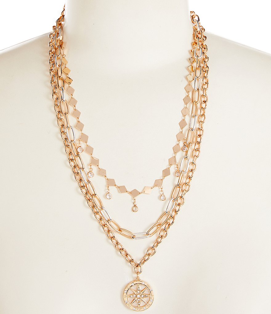 Gemma Layne Long Multi Strand Necklace with Compass Pendant