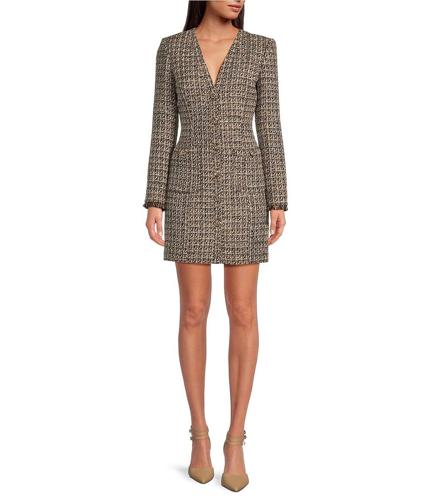 Gianni Bini Dela Tweed V-Neck Long Sleeve Mini Dress | Dillard's