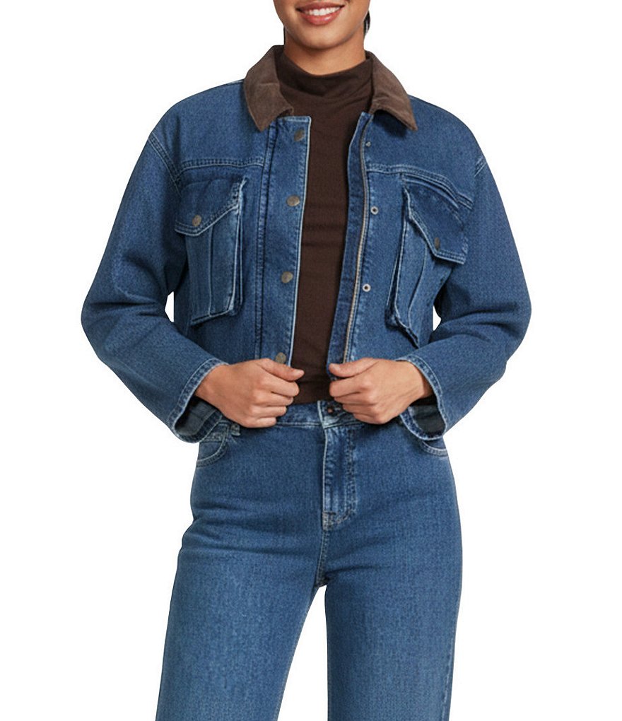 Gianni Bini Ellie Suede Collar Cropped Jean Jacket | Dillard's