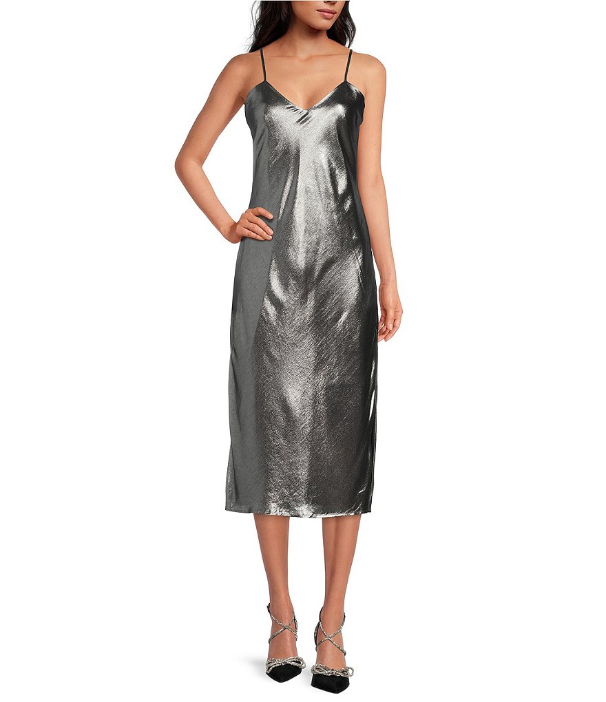 Gianni Bini Harper Metallic Lame V-Neck Sleeveless Slip Midi Dress ...