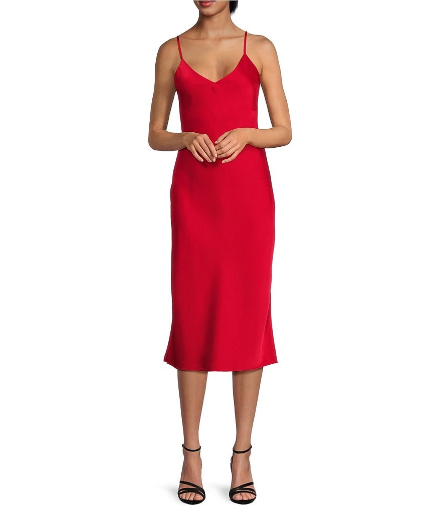 Gianni Bini Harper Satin V-Neck Sleeveless Slip Midi Dress | Dillard's