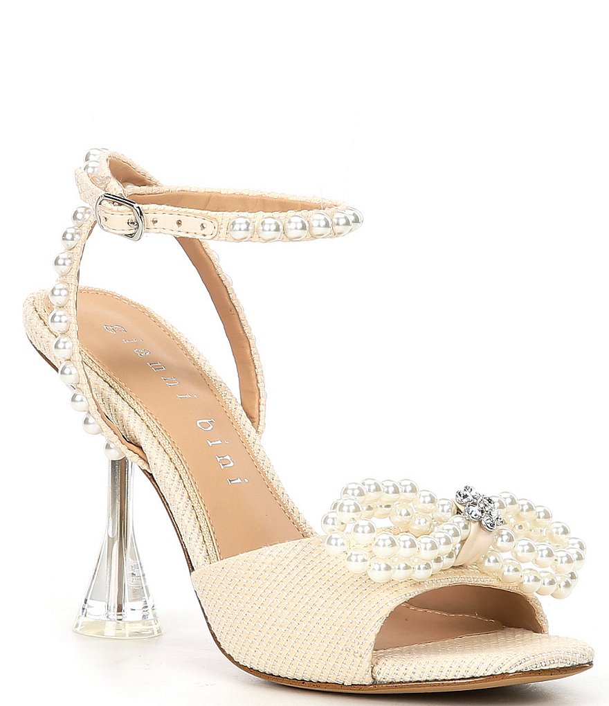 Gianni Bini HaydnTwo Raffia Pearl Bling Bow Ankle Strap Dress Sandals ...