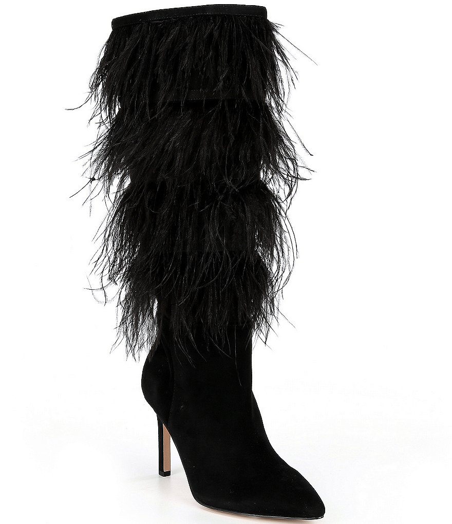 Gianni Bini Taryn Slim Calf Feather Embellished Pointed Toe Boots, Womens, 8.5M, Black - Dillard's Exclusive