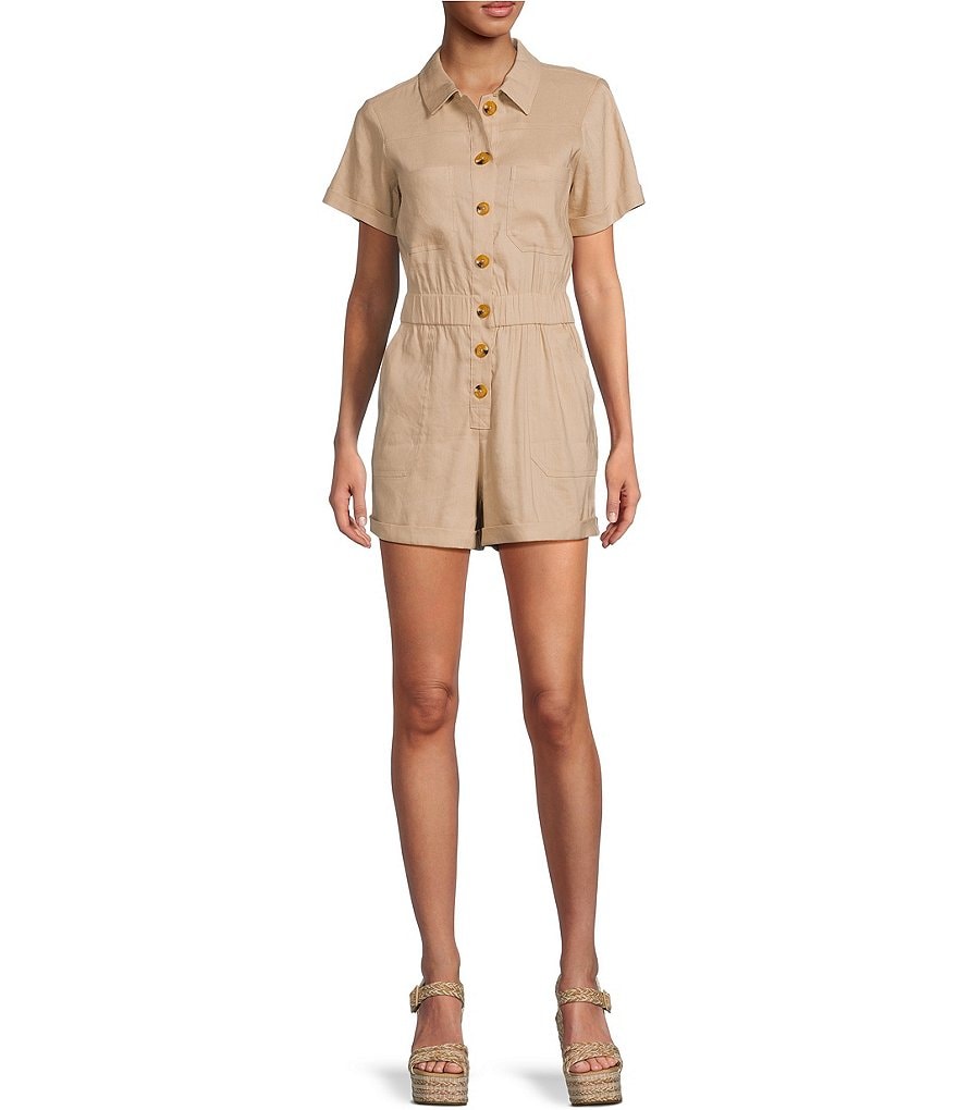 Gianni Bini Tori Linen Blend Button Down Short Sleeve Cuffed Hem Romper ...