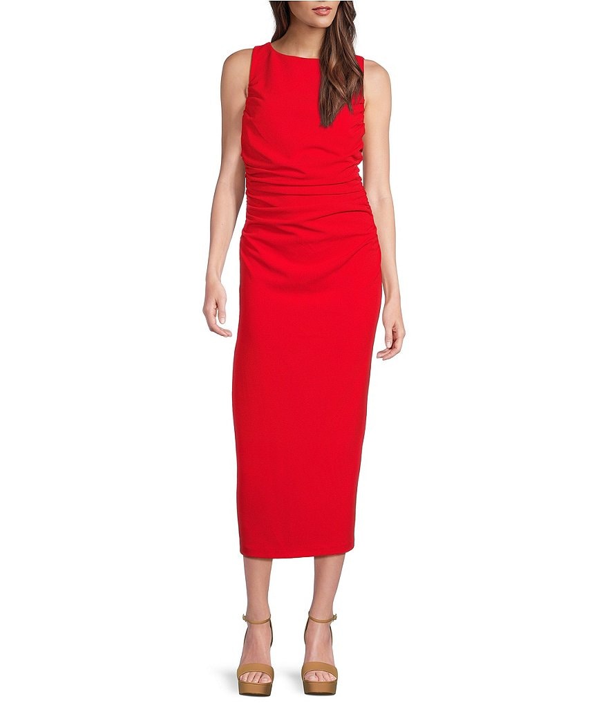 Gibson & Latimer Boat Neck Sleeveless Ruched Midi Bodycon Knit Dress ...