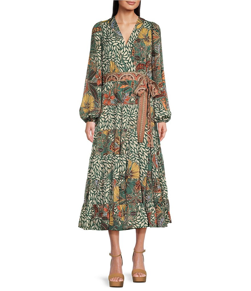 Gibson & Latimer Floral Leaf Print Tiered Long Sleeve Tie Waist Wrap ...