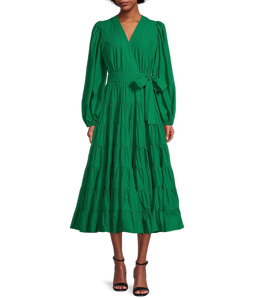 Beaded Long Sleeve Wrap Over Midi Dress – Mac Duggal