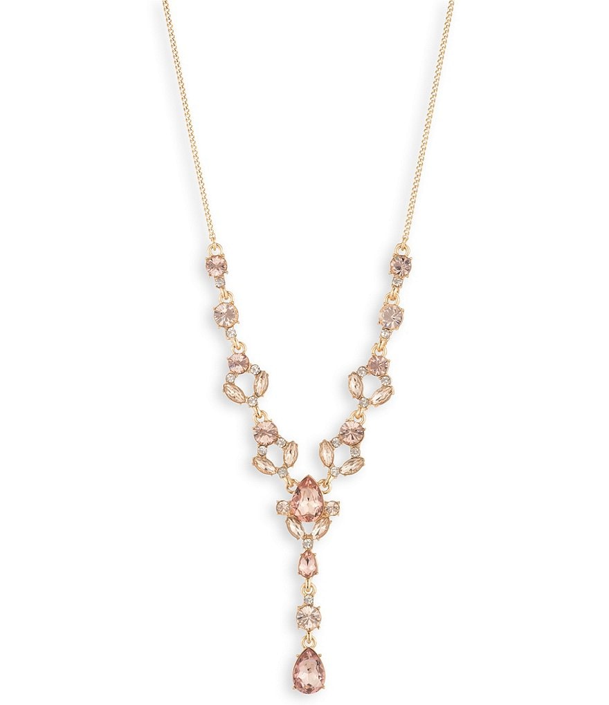 Givenchy Gold Tone Pink Crystal Y Necklace