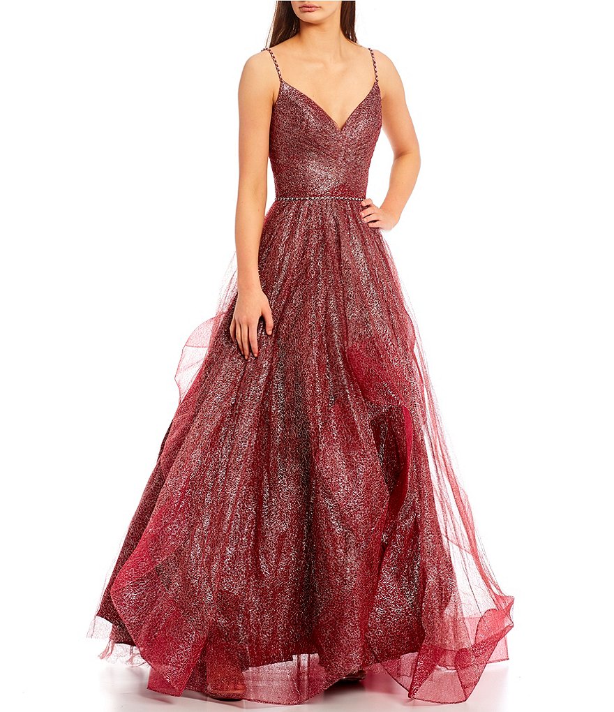 Spaghetti Strap Surplice V Neck Layered Glitter Chiffon Ball Gown Dillards 