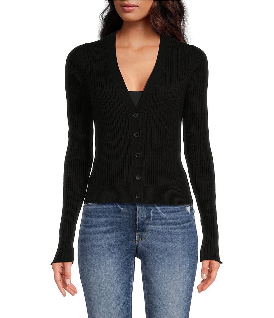 Good American Cozy Rib Knit Long Sleeve V-Neck Sweater