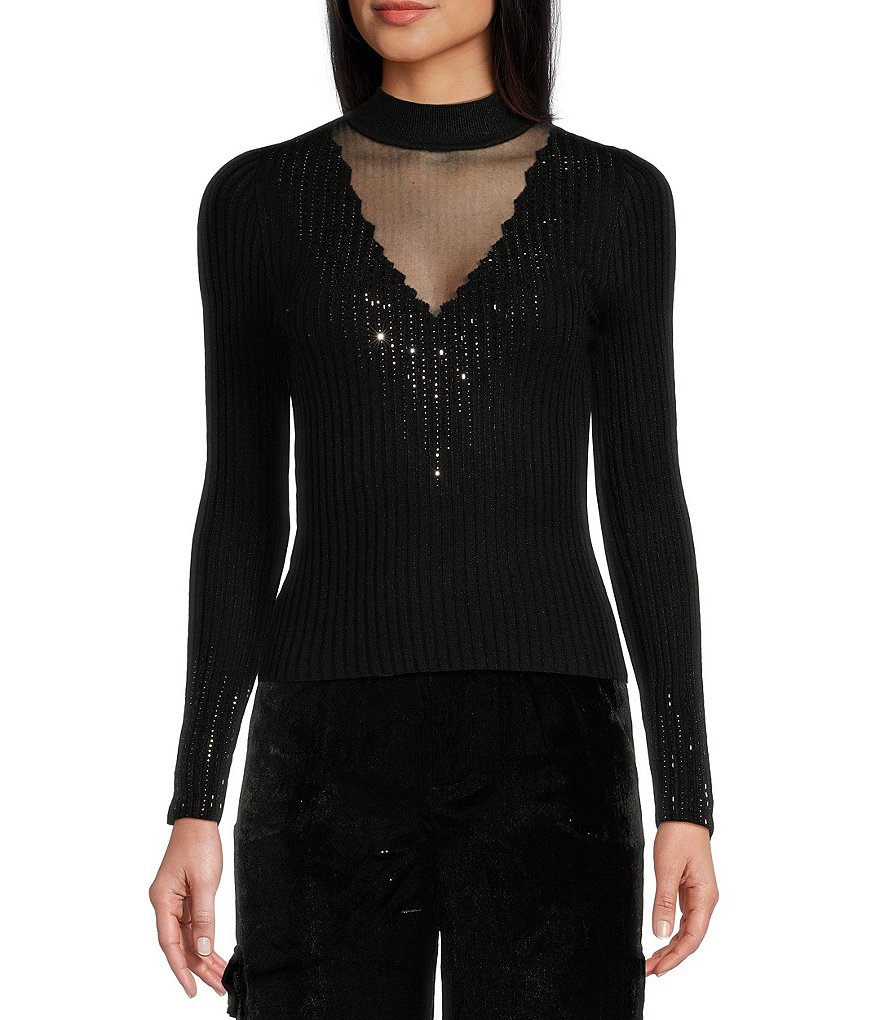 Guess Alice Rhinestone-Embellished High Neck Sweater | Dillard's