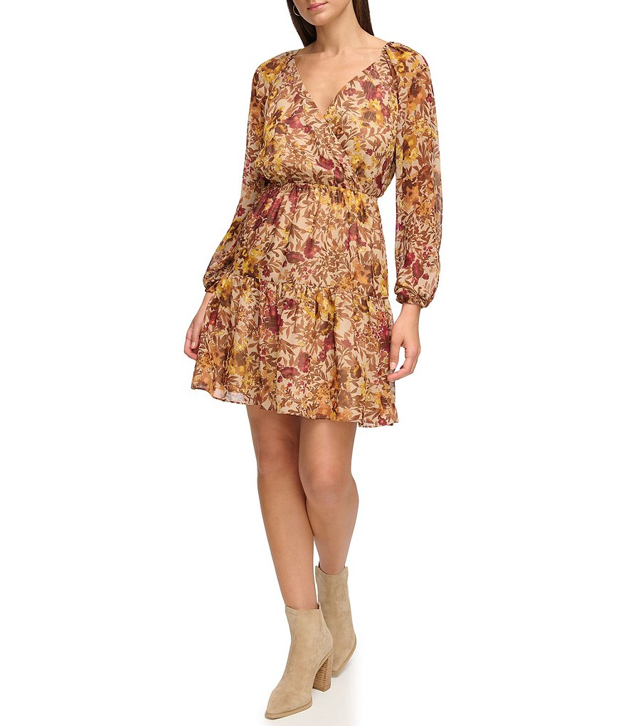 Guess Floral Print Surplice V-Neck Long Sleeve Blouson Dress