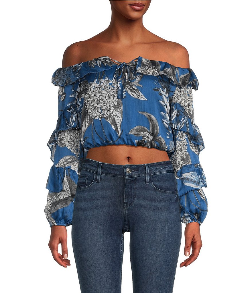 Off the shoulder long best sale sleeve ruffle crop top