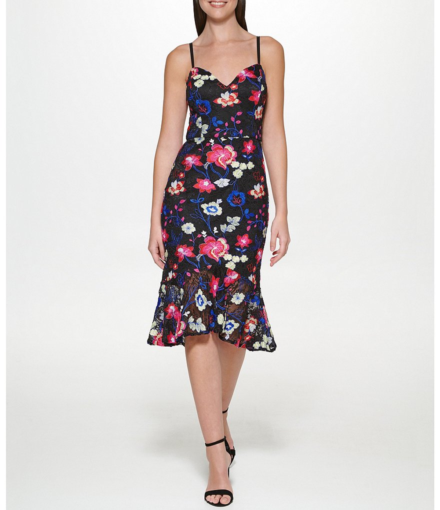 Guess Sleeveless Sweetheart Neck Floral Print Embroidered Lace Mermaid Midi  Dress | Dillard's